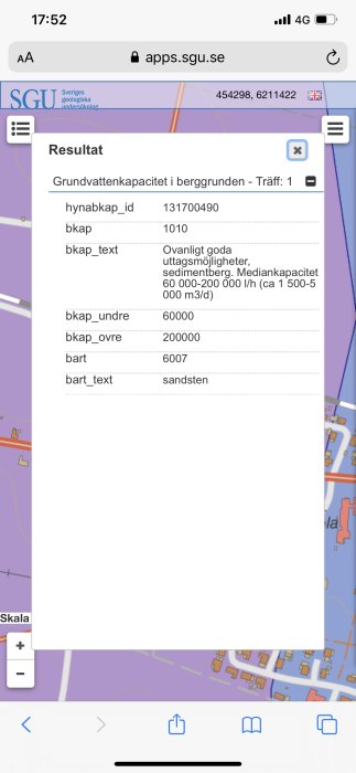 Skärmavbild av SGU:s webbplats som visar information om grundvattenkapacitet i sedimentberg.