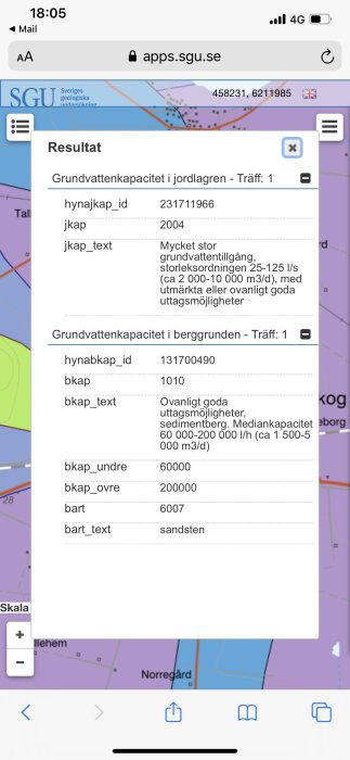 Skärmdump av SGU:s webbplats med information om grundvattenkapacitet i jordlager och berggrund.