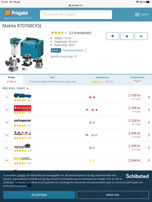 Skärmdump av Makita RT0700CX5J översikt på Prisjakt med betyg och prisjämförelse från olika butiker.