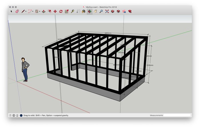 Digital skiss av träråske till växthus med måttangivelser i programmet SketchUp.