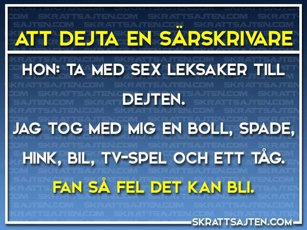 Humoristisk bildtext om misstolkning vid dejt med en särskrivare, listar leksaker istället för sexiga ting.