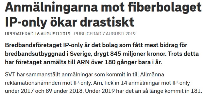 Webbnyhetsartikel om ökade anmälningar mot fiberbolaget IP-only.