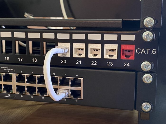 Nätverkskeystone-panel med anslutna CAT 6-kablar och etiketter.