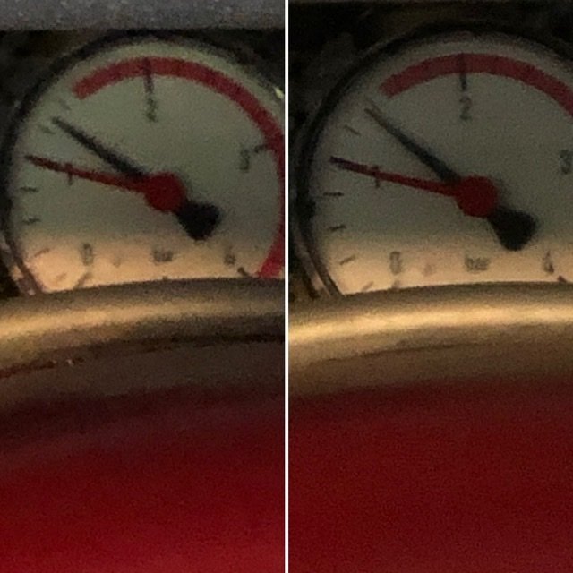 Två bilder av manometer visar ökande tryck i en värmepanna.