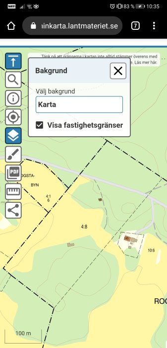 Skärmdump av en digital karta från Lantmäteriet med markerade fastighetsgränser.