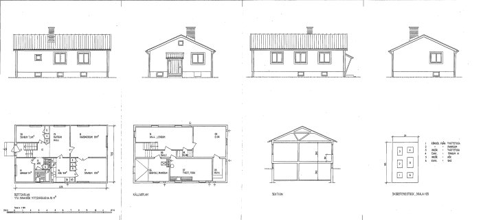 Arkitektritningar av en enplansvilla med fasadvyer, bottenvåning och källarplan samt sektion och skorsten.