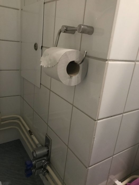 Toalettpappershållare med synliga rör och en liten dörr i en badrumsvägg, möjlig problematik för dold rörinstallation.