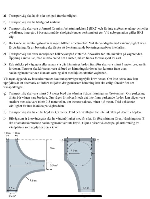 Diagram över föreskrifter för utformning av vändplatser och vägdimensioner, inklusive mått och radien för svängområdet.