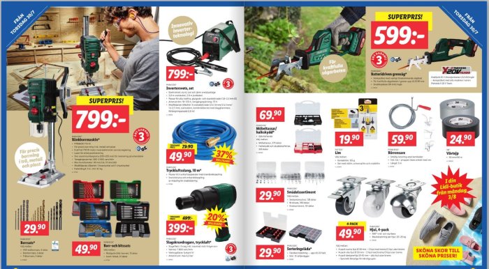 Reklamblad från Lidl med erbjudanden på verktyg inklusive borrmaskin, inverter-svetsset och batteridriven grensåg.