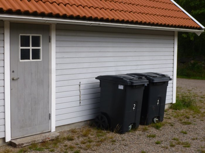 Två svarta soptunnor med siffrorna 1 och 2 framför en vit garagevägg med en vit dörr.