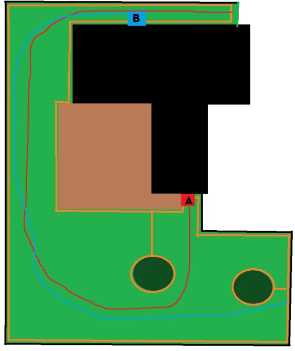 Oversiktsplan över en trädgård med två markerade platser A och B för installation av en robotgräsklippares laddstation.