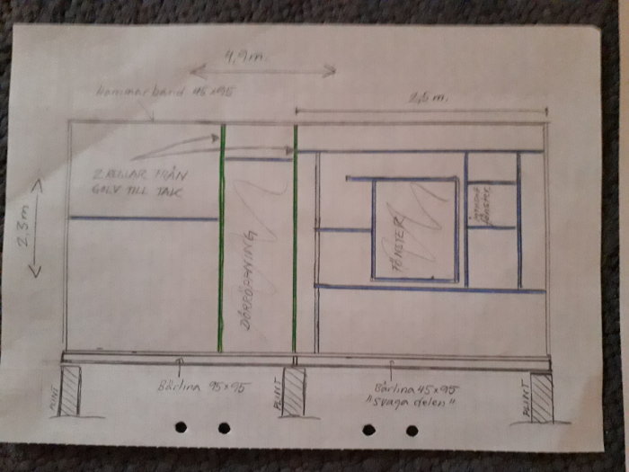 Handritad skiss av en vägg med måttangivelser, dörr, fönster och markerade reglar i blått och grönt.