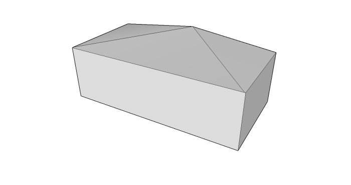 Enkel skiss av ett geometriskt hus med lutande tak i gråtoner.