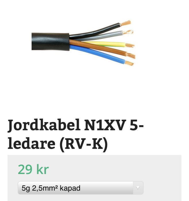 Jordkabel N1XV 5-ledare visar en svart kabel med fem olika färgade ledare avtäckta vid änden.