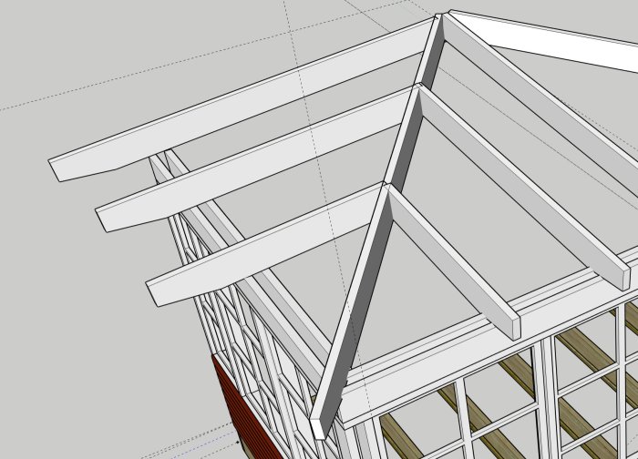 3D-principskiss av kuverttak på utbyggnad med låg takvinkel och synliga golvbjälklag.