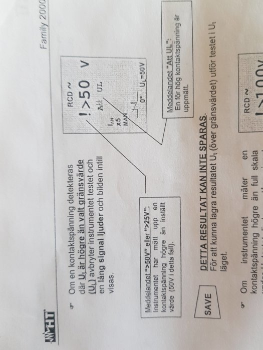 Elektriskt felmeddelande på en apparatskärm som visar 'I>50 V' och en instruktionsmanual.