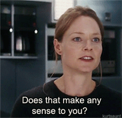 Kvinna ser förvirrad ut och texten "Does that make any sense to you?" visas i en animerad bild.