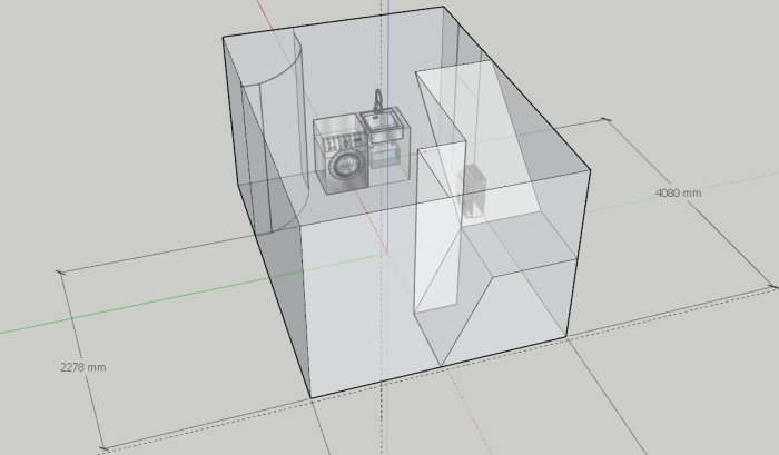 3D-modell av en källartvättstuga med dimensioner och en tvättmaskin.