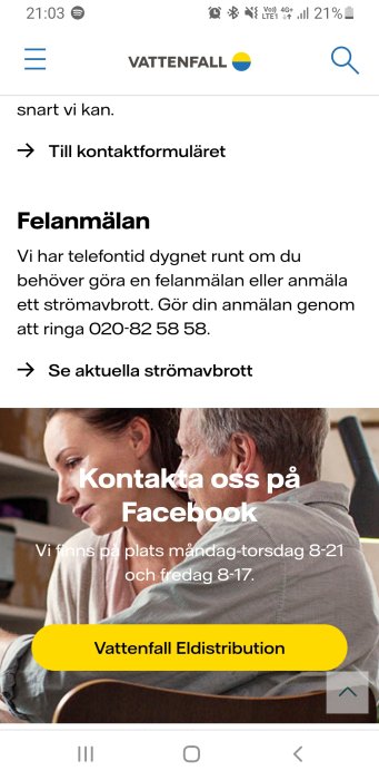 Skärmbild av Vattenfalls kundservice webbsida med kontaktinformation och felanmälan.