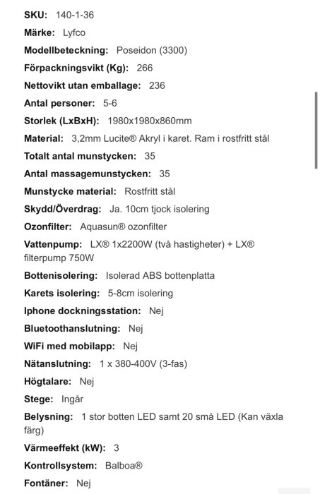 Specifikationslista för Lyfco Poseidon spabad med detaljer om storlek, material, funktioner och elkrav.