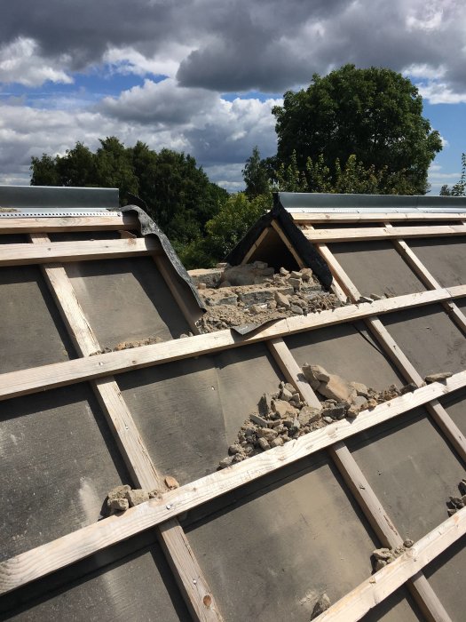 Delvis raserad skorsten med murbruksrester på tak i behov av ombyggnad.