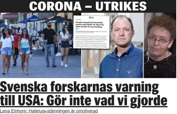 Skärmdump av nyhetsartikel med rubriken "Svenska forskarnas varning till USA: Gör inte vad vi gjorde", porträtt av en man och en kvinna, och en bild på folk i en gågata.