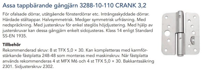 Illustration av Assa tappbärande gångjärn modell 3288 med specifikationer och tillbehör. Gångjärnet är metalliskt med flera hål för justering.