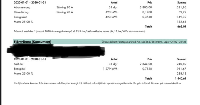 Bild av en energifaktura med specifikation av elförbrukning och kostnader, delvis övermålad för att dölja konsuments identitet.