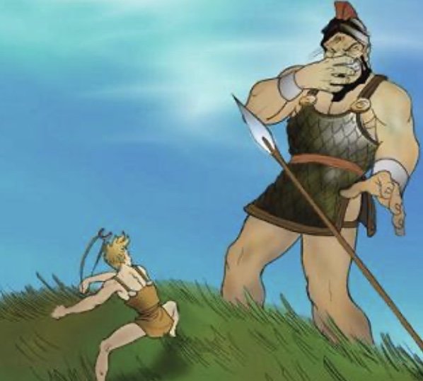 Illustration av en liten figur med slunga framför en stor jätte som täcker ansiktet med handen.