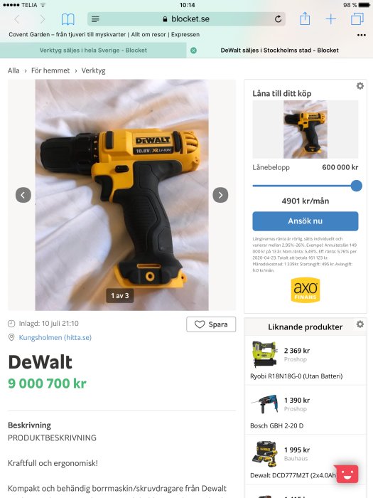 DeWalt borrmaskin/skruvdragare i gult och svart på vit bakgrund, annonseras på en webbsida.