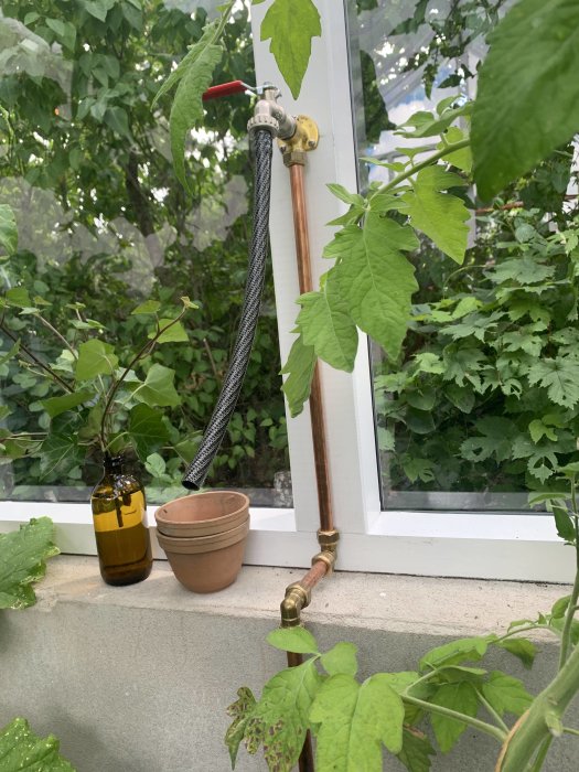 Kopparledning med vattenkran monterad på ett fönsterbräde, omgiven av gröna växter och en brun glasflaska.