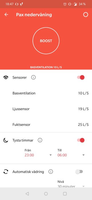 Skärmdump av Pax wireless-appens gränssnitt för kontroll av hemventilation.