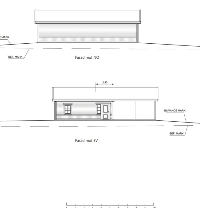 Konstruktionsritning av en komplementsbyggnad med mått för carport, förråd och gästhus.