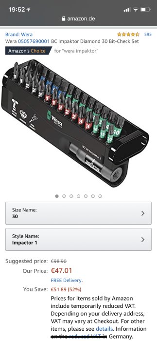 Wera BC Impaktor Diamond 30 Bit-Check Set med färgkodade bits i en svart låda, visad på Amazon.