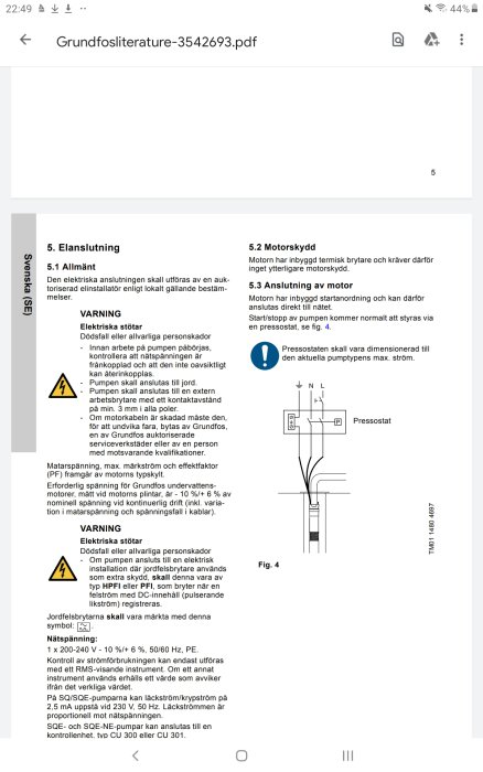 Sida i PDF om installation av Grundfos pump med text och diagram för elanslutning och motorskydd.