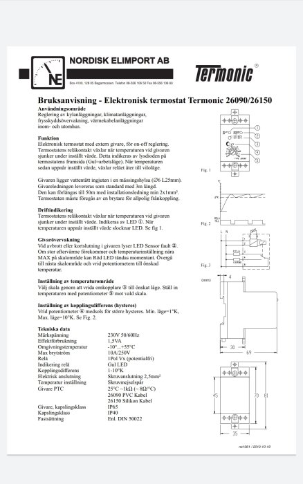 Bruksanvisning för elektronisk termostat för värmekablar med diagram och tekniska specifikationer.