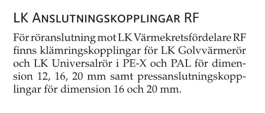 Textdokument som beskriver LK Anslutningskopplingar RF för röranslutning, inkluderar information om klämringskopplingar och pressanslutningskopplingar.