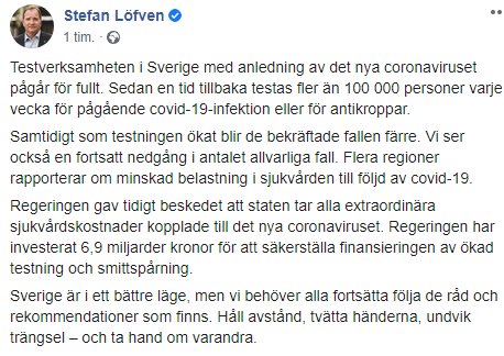 Skärmdump av Stefan Löfvens Facebook-inlägg om covid-19 testningsinsatser i Sverige.
