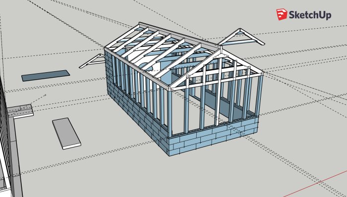 3D-skiss av ett växthus/uterum med murad sockel och träreglar för takstolar och väggar.