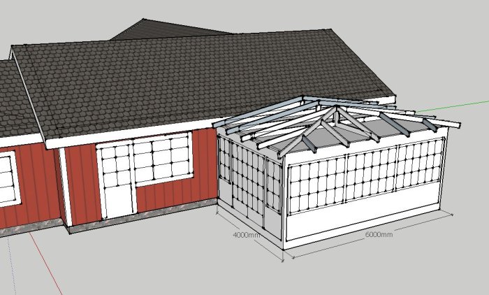 3D-skiss av en inglasad veranda med valmat plåttak i anslutning till ett rött hus.