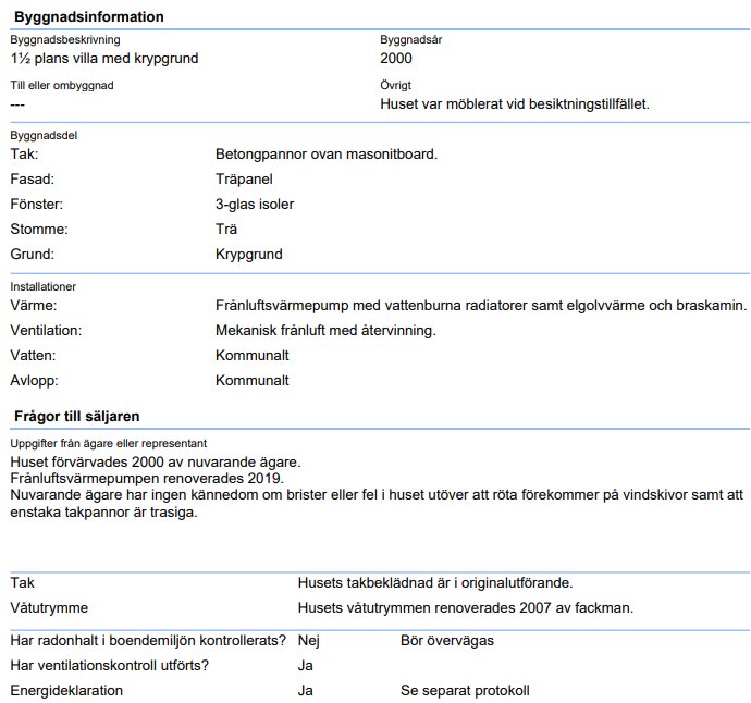 Sida ur besiktningsprotokoll med information om ett hus byggt år 2000 och frågor till säljaren.