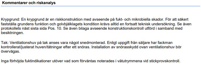 Textutdrag från ett besiktningsprotokoll som diskuterar risker med krypgrund, takventilation och vattenutrymmen i en fastighet.