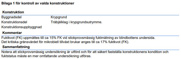Besiktningsprotokollutdrag för en krypgrund med träbjälklag, notering om fuktkvot och rekommendation för stickprovsmässig undersökning.
