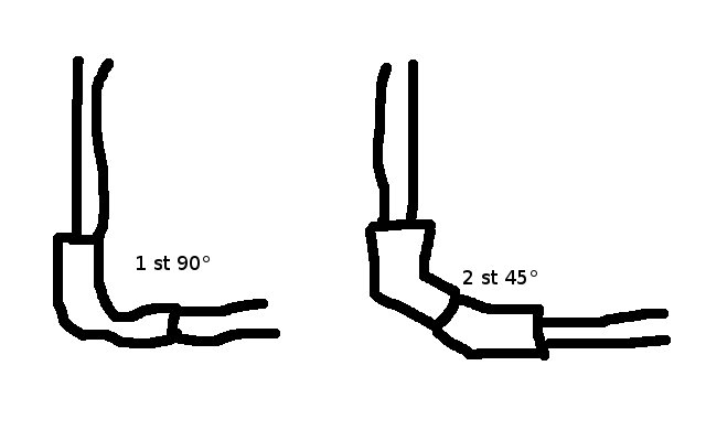 Två handritade diagram visar alternativ för avloppsrörsböjar: ett med en 90-graders böj, det andra med två 45-graders böjar.