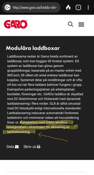 Skärmbild av Garos webbsida om modulära laddboxar med information om lastbalansering och energimätare.