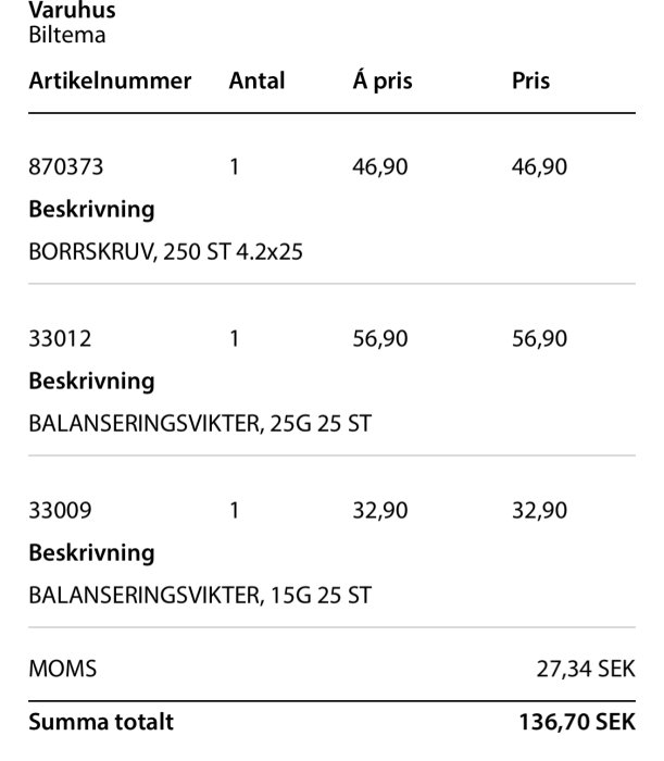 Kvitto på köp från Biltema med borrmaskinsskruvar och balanseringsvikter.