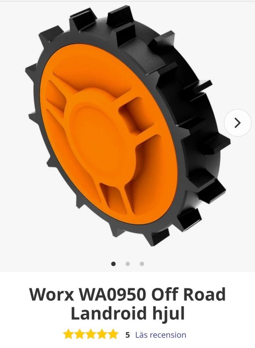 Ett svart och orange Off Road-hjul för Worx Landroid gräsklippare, Worx WA0950 modell.