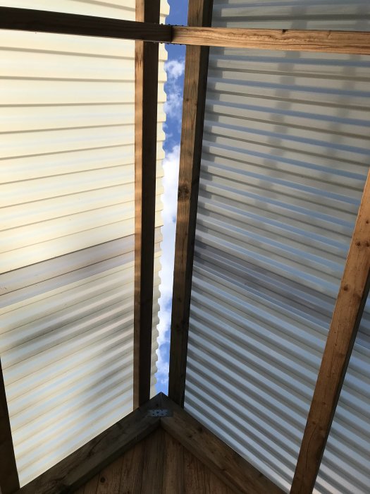 Ofärdigt växthustak i genomskärning visar stora glapp mellan takplattor vid nock och överhäng.