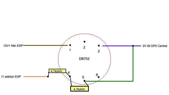 Schema för koppling av rökdetektor DP721RTA med DB702 sockel och anslutning av 4.7k ohm motstånd.