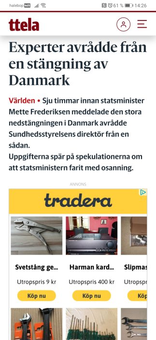 Skärmdump av en nyhetsartikel med rubriken "Experter avrådde från en stängning av Danmark", annonser under texten.